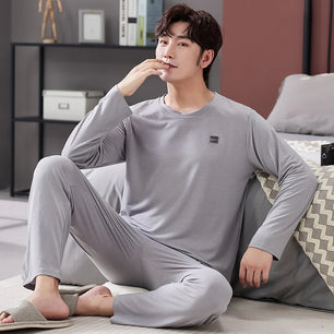 Men's Cotton O-Neck Long Sleeves Trendy Sleepwear Pajamas Set