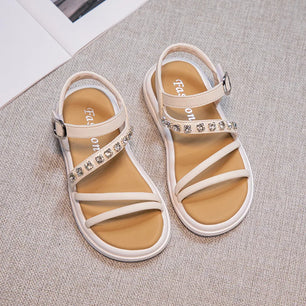 Kid's PU Open Toe Rhinestone Pattern Hook Loop Closure Sandals