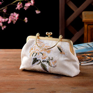 Women's Silk Hasp Closure Embroidery Pattern Vintage Handbag