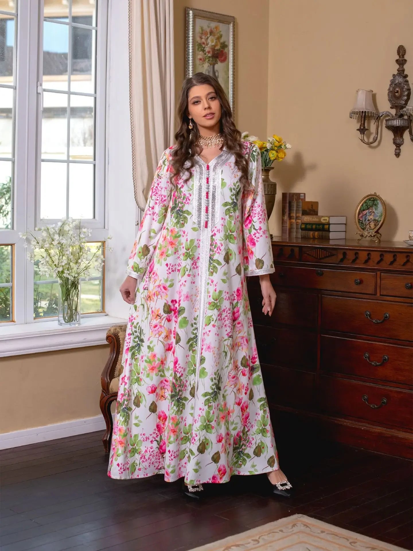 Women's Arabian Polyester Full Sleeve Floral Pattern Party Dress