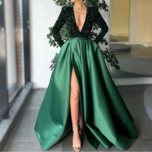 Women's Polyester V-Neck Long Sleeve Sequined Evening Dress