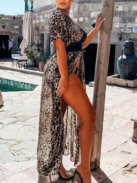 Women's Polyester V-Neck Bathing Leopard Pattern Swimwear Dress