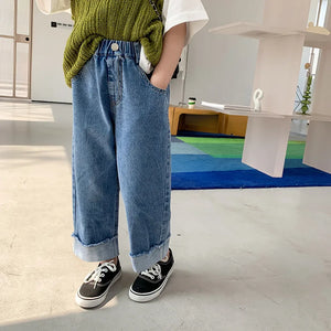 Kid's Cotton Mid Elastic Waist Closure Casual Denim Trousers