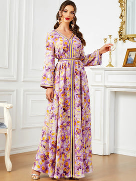 Women's Arabian Polyester Full Sleeves Floral Pattern Dress