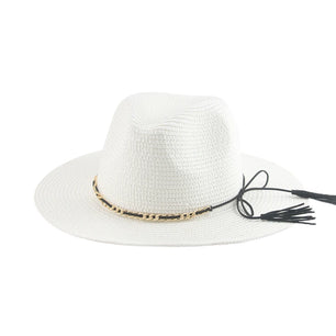 Women's Straw Solid Pattern Trendy Sun Protection Chain Brim Hat