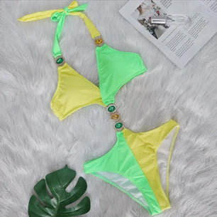 Women's Polyester V-Neck Mid Waist Mixed Color Bathing Bikini Set