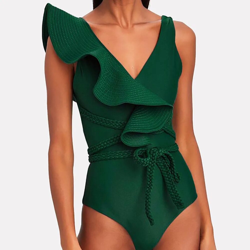 Women's Polyester Ruffle Solid Quick-Dry One-Piece Swimwear