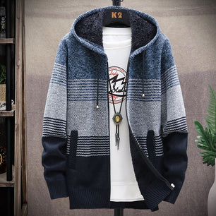 Men's Wool Full Sleeves Zipper Closure Hooded Striped Jacket