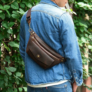 Men's Genuine Leather Solid Pattern Casual Crossbody Waist Pack