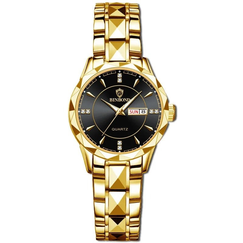 Women's Stainless Steel Case Push Button Hidden Clasp Round Watch