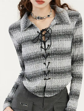 Women's Cotton Turn-Down Collar Full Sleeves Striped Sweater