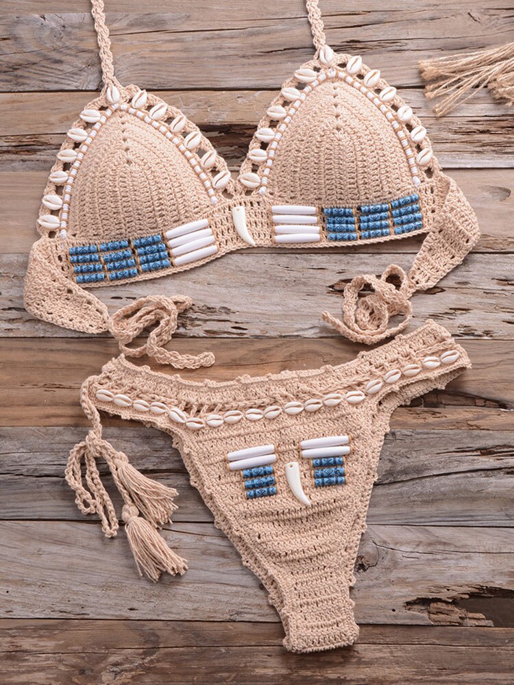 Women's Cotton Mid Waist Knitted Pattern Swimwear Bikini Set