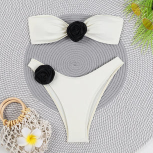 Women's Polyester Mid Waist Swimwear Solid Pattern Bikini Set