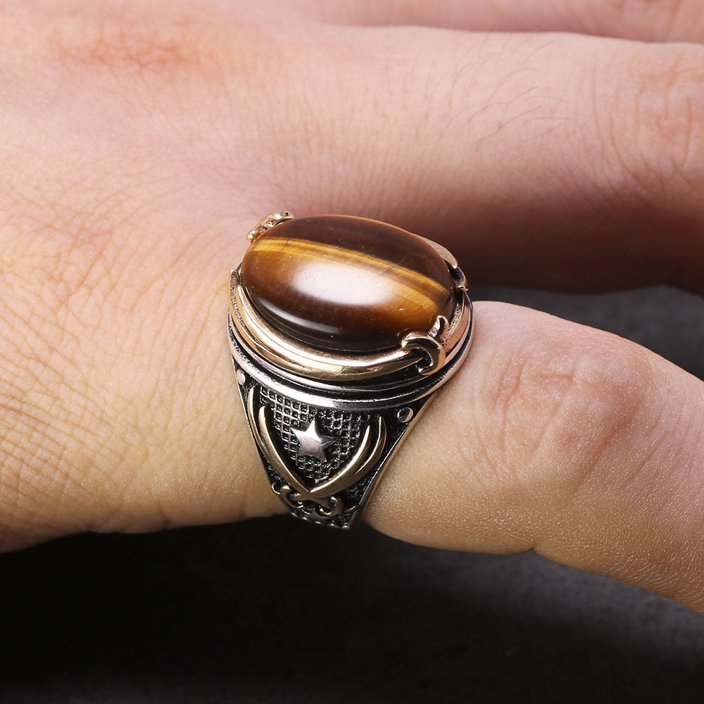 Men's 100% 925 Sterling Silver Vintage Tiger Eye Oval Shape Ring