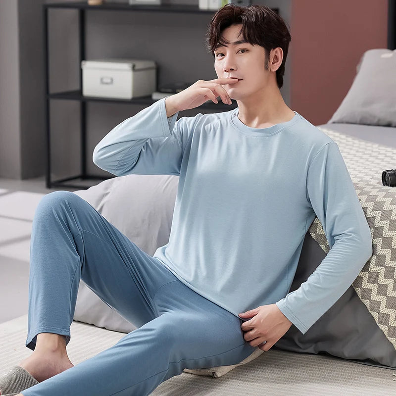 Men's Cotton O-Neck Long Sleeves Trendy Sleepwear Pajamas Set