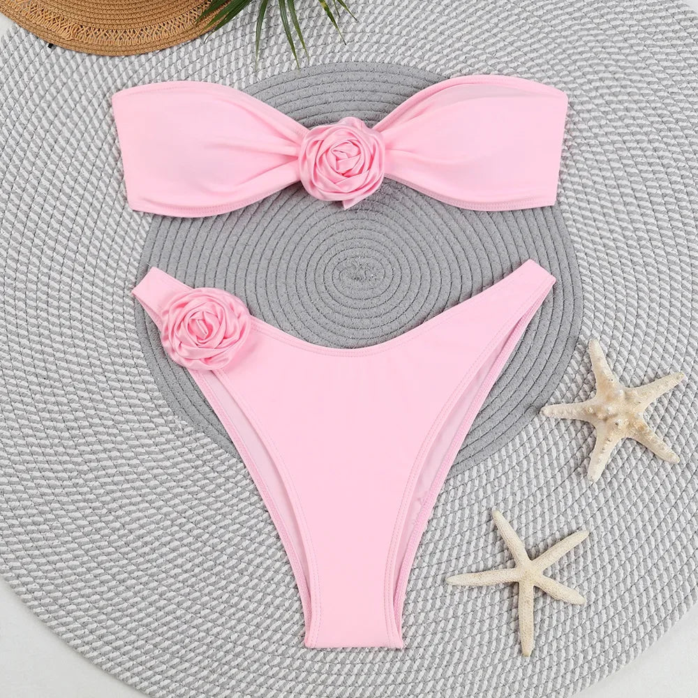 Women's Polyester Mid Waist Swimwear Solid Pattern Bikini Set