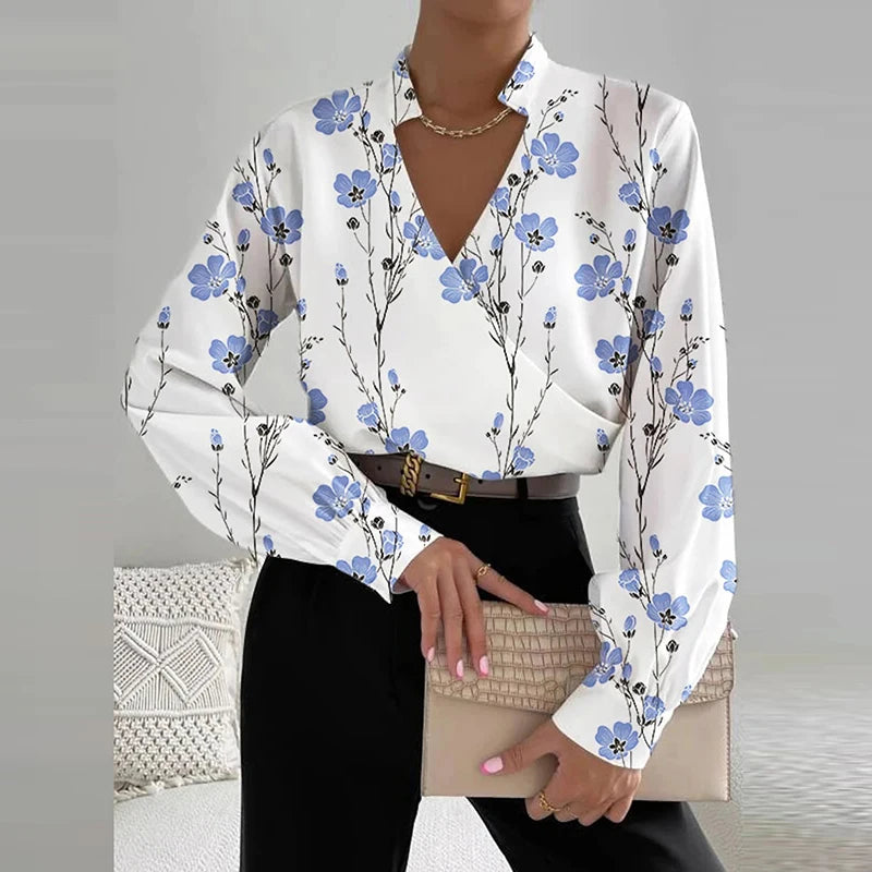 Women's Polyester V-Neck Long Sleeves Floral Pattern Blouse