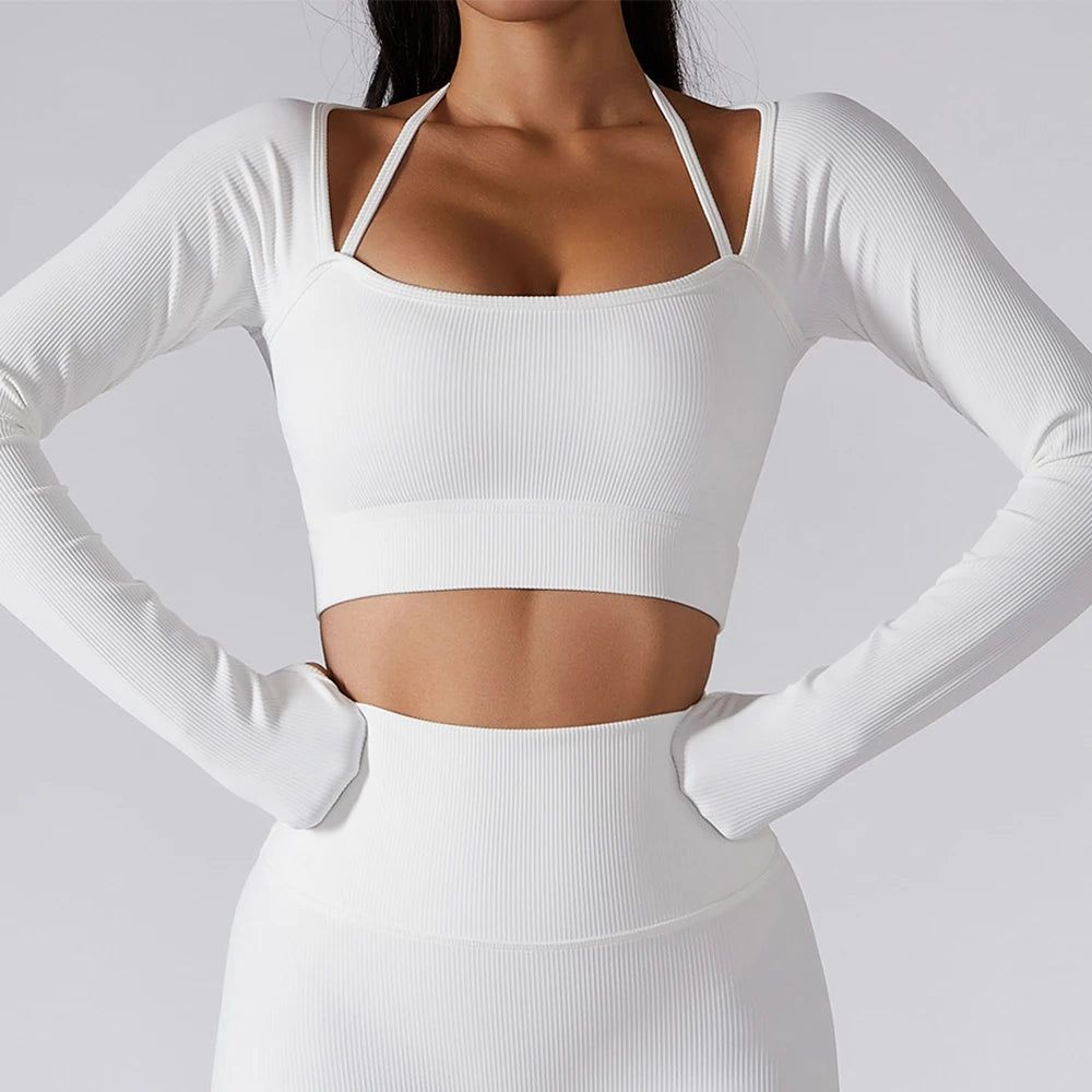 Women's Nylon Square-Neck Long Sleeves Fitness Workout Crop Top