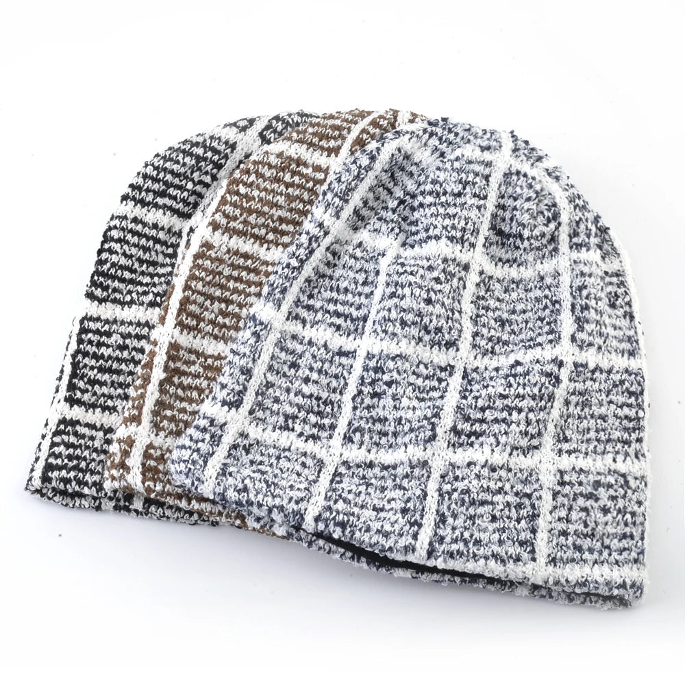 Men's Cotton Skullies Beanies Plaid Pattern Winter Bonnet Cap