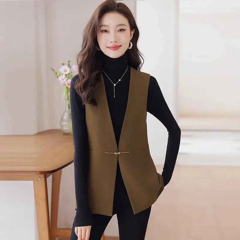 Women's Cotton Sleeveless Single Button Solid Pattern Blazers