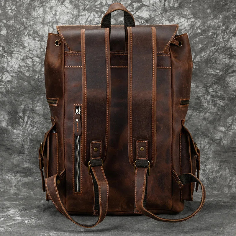 Men's Genuine Leather Zipper Closure Slot Pattern Casual Backpack