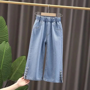 Kid's Cotton Mid Elastic Waist Closure Casual Denim Trousers