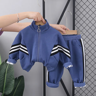 Kid's Polyester Full Sleeves Striped Pattern Zipper Tracksuit