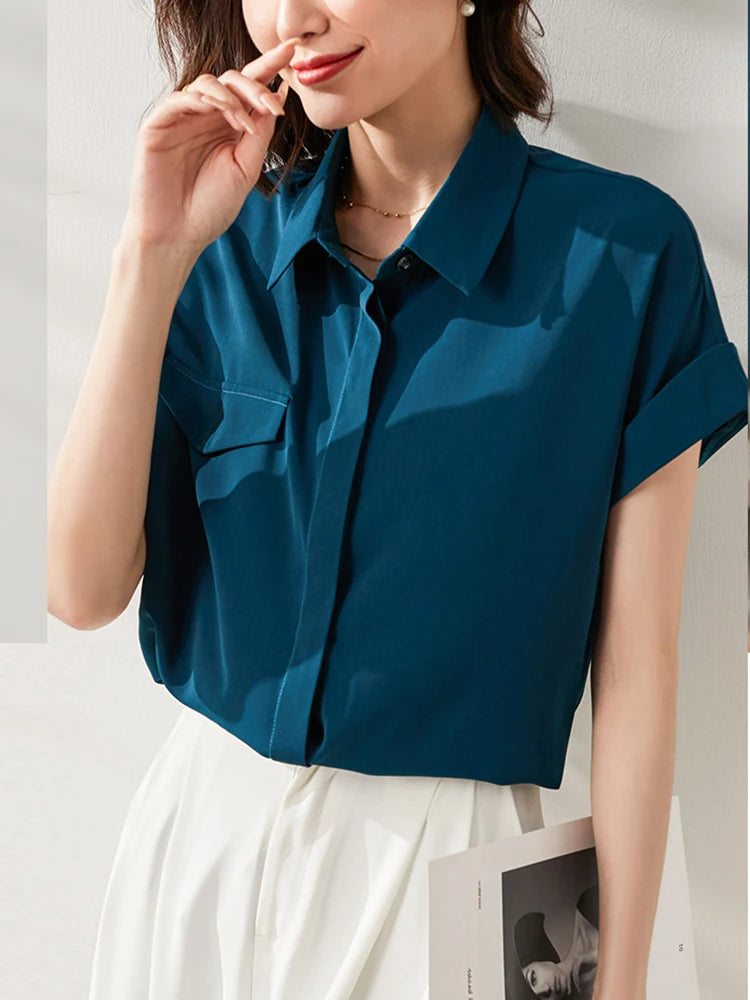 Women's Polyester Turn-Down Collar Short Sleeve Solid Blouse