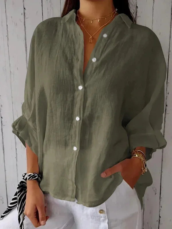 Women's Polyester Turn-Down Collar Long Sleeves Solid Blouse