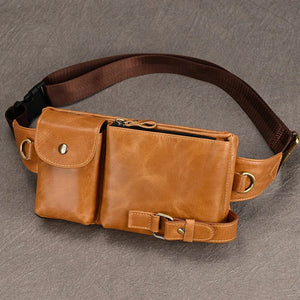 Men's Genuine Leather Solid Pattern Zipper Closure Waist Pack