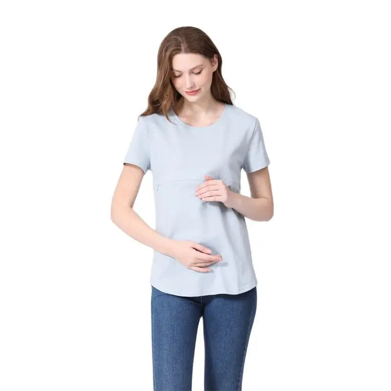 Women’s Cotton O-Neck Short Sleeves Solid Pattern Maternity Top