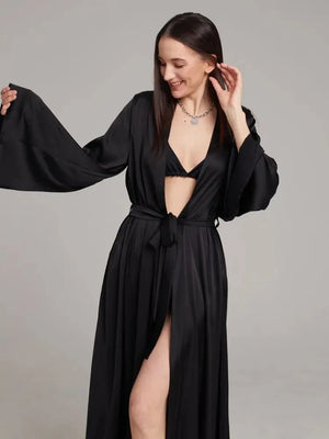 Women's Silk V-Neck Long Sleeves Pleated Pattern Sleepwear Dress