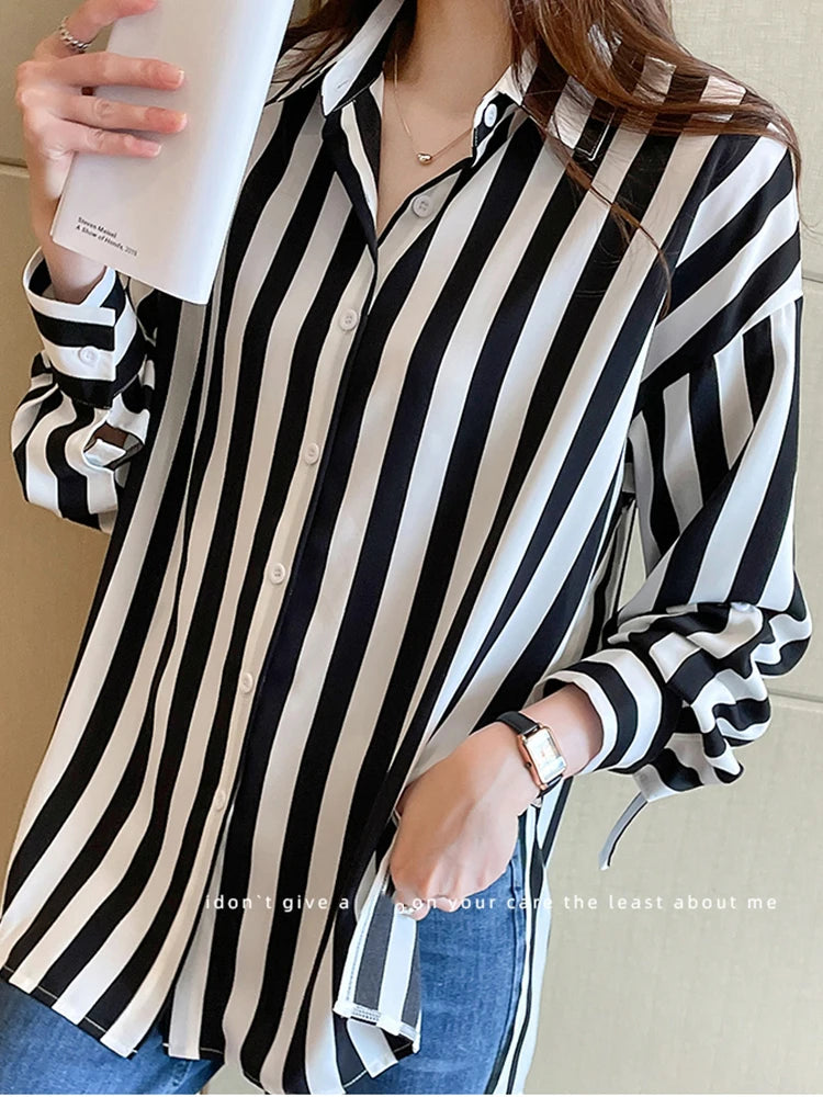 Women's Polyester Turn-Down Collar Long Sleeves Striped Blouse