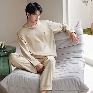 Men's Cotton O-Neck Long Sleeve Solid Pattern Sleepwear Set