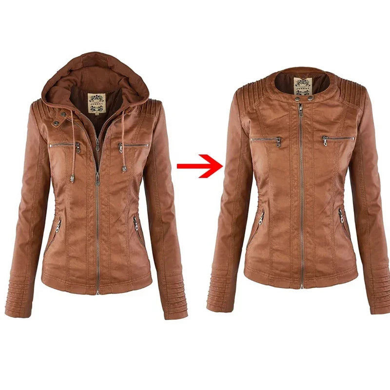 Women's Faux Leather Long Sleeves Solid Pattern Hooded Jacket