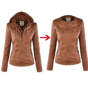 Women's Faux Leather Long Sleeves Solid Pattern Hooded Jacket