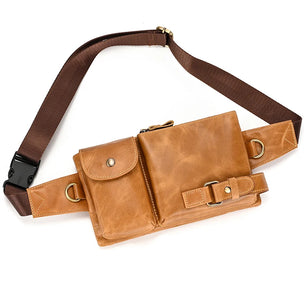 Men's Genuine Leather Solid Pattern Zipper Closure Waist Pack