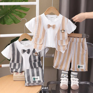 Kid's Boys Cotton O-Neck Short Sleeves Striped Casual Clothes