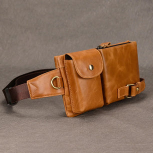 Men's Genuine Leather Solid Pattern Zipper Closure Waist Pack