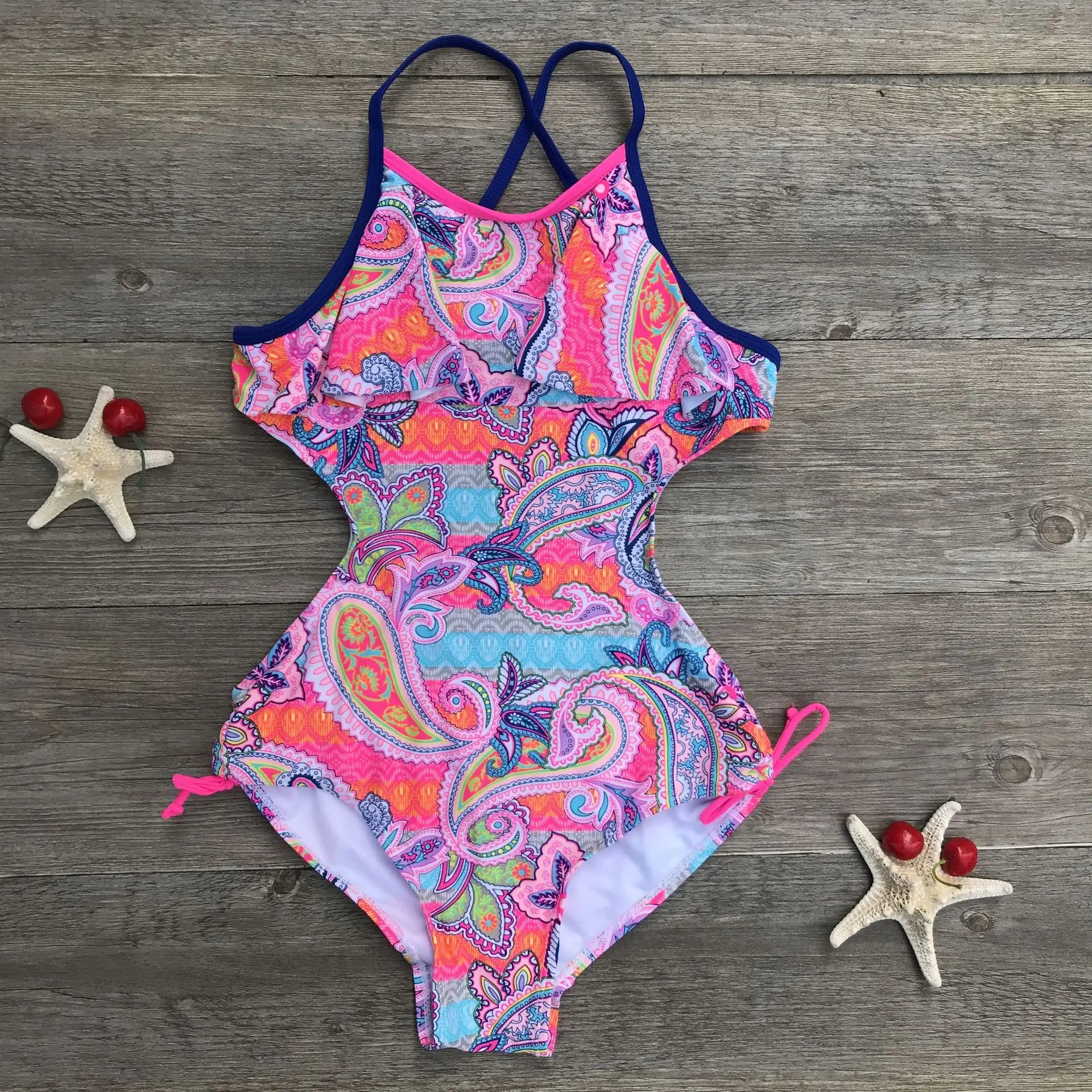 Kid's Polyester V-Neck Printed Pattern Trendy Bathing One-Piece