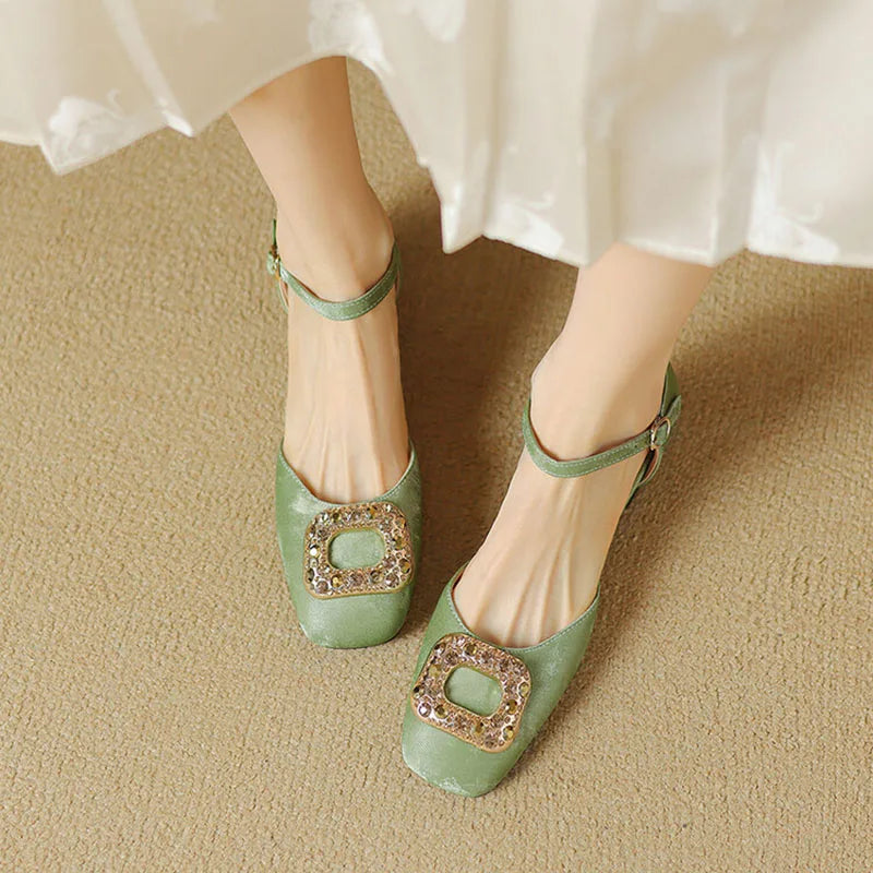 Women's Cotton Fabric Square Toe Buckle Strap Closure Shoes