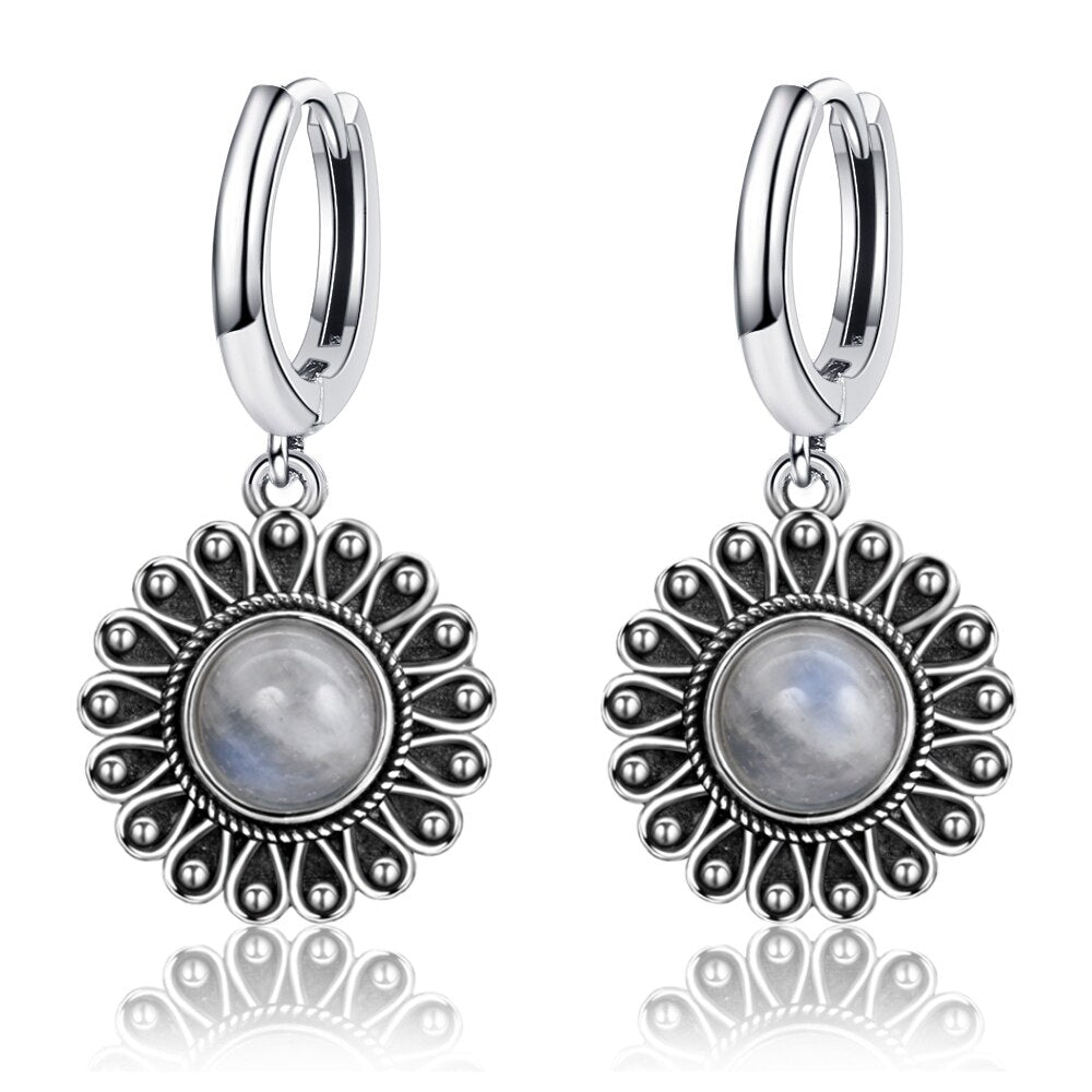 Women's Tibetan Silver Moonstone Flower Party Drop Earrings