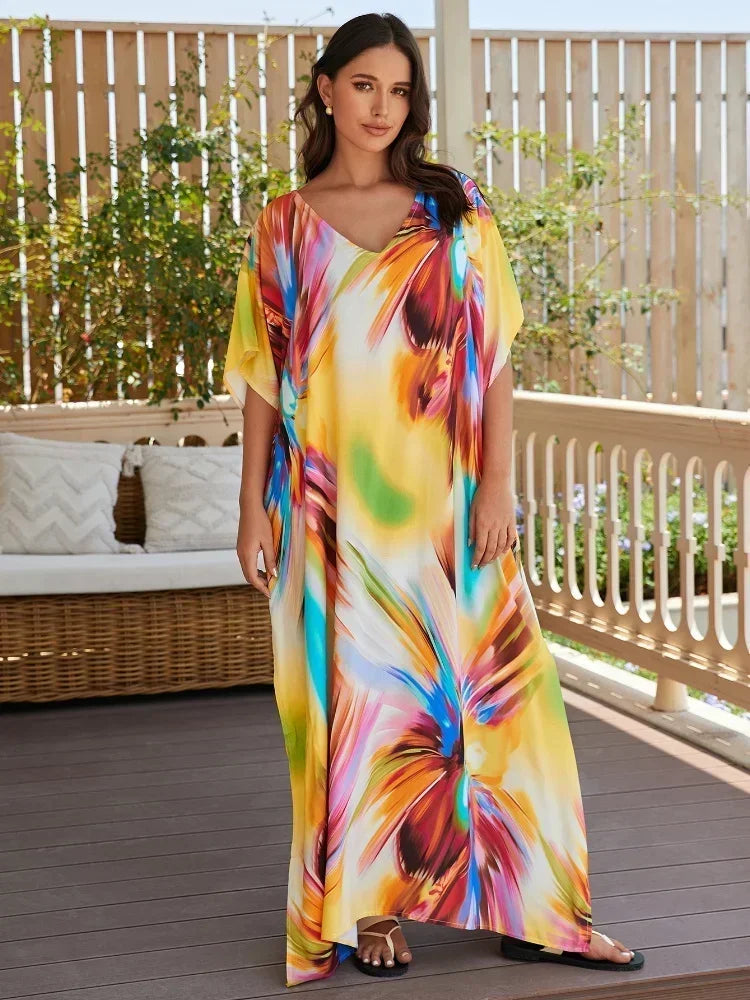 Women's Polyester V-Neck Short Sleeve Printed Pattern Maxi Dress