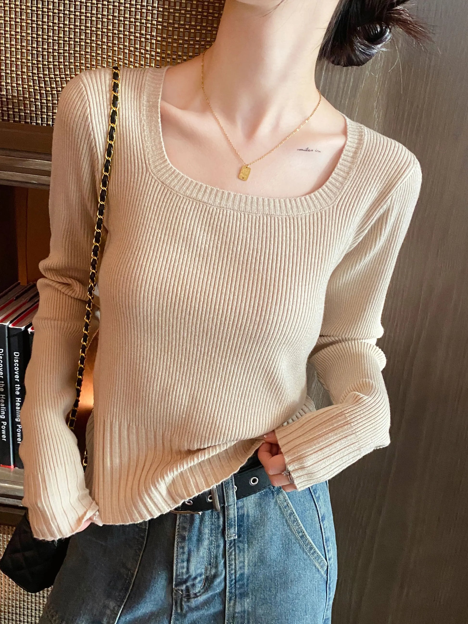 Women's Acrylic Square Neck Full Sleeve Solid Pattern Sweater