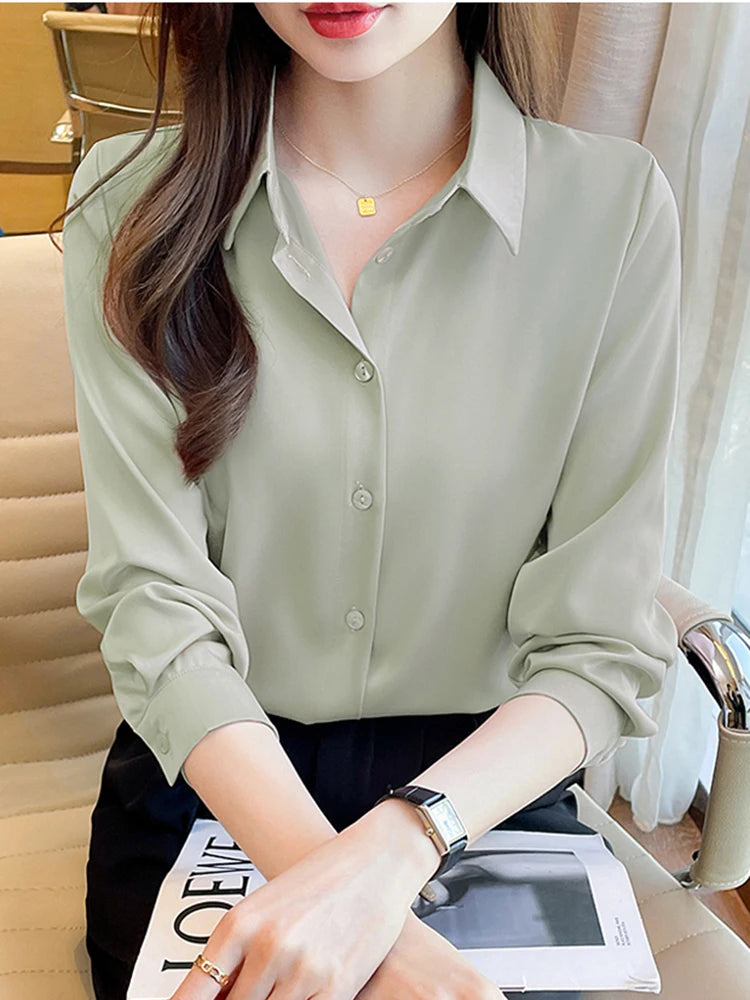 Women's Acetate Turn-Down Collar Long Sleeve Casual Wear Blouse