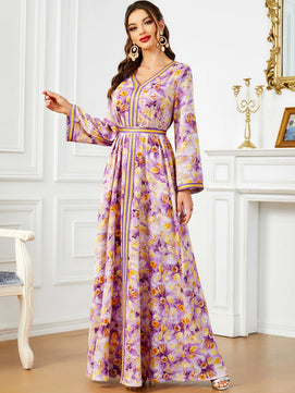 Women's Arabian Polyester Full Sleeves Floral Pattern Dress