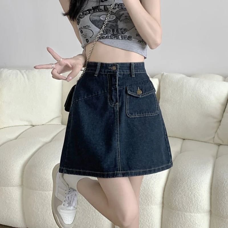 Women's Polyester High Waist Solid Pattern Casual Denim Skirts