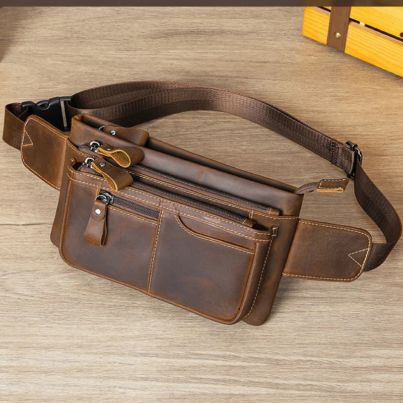 Men's Genuine Leather Zipper Closure Solid Pattern Waist Pack