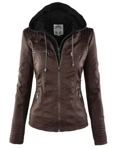 Women's Faux Leather Long Sleeves Solid Pattern Hooded Jacket