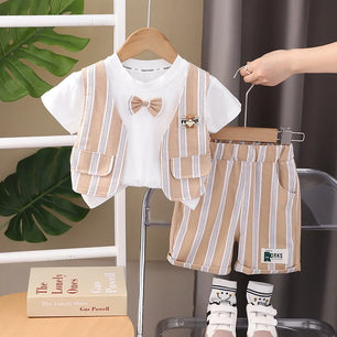 Kid's Boys Cotton O-Neck Short Sleeves Striped Casual Clothes